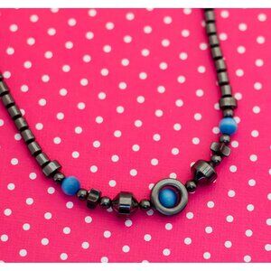 Vintage Black Cylinders Blue Spheres Necklace 17 1/2 inch - P6